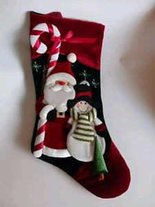 Fleece, Fabric And Decorative Applique Santa & Snowman Christmas Stocking 16 In - Picture 1 of 3