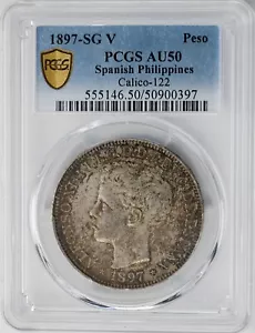1897-SG V Spanish Philippines Peso Calico-122 AU50 PCGS Secure 949777-43 - Picture 1 of 4