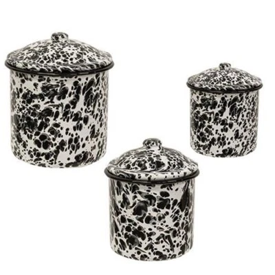 Primitive CANISTERS BLACK SPLATTER ENAMELWARE WHITE 3 pc New Farmhouse Cottage - Image 1 of 3