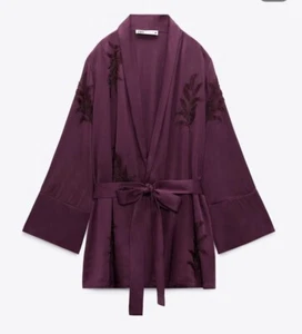 ZARA OPEN TIED BELT EMBROIDERED KIMONO WITH BEADS PURPLE SIZE M 2731/297 - Picture 1 of 14