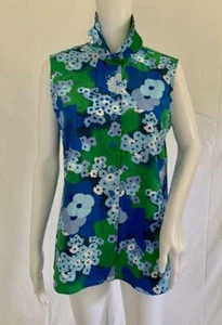 CARVEN All Cotton Blues Emerald White Floral Pattern BD Long Collar Blouse Sz 36 - Picture 1 of 8