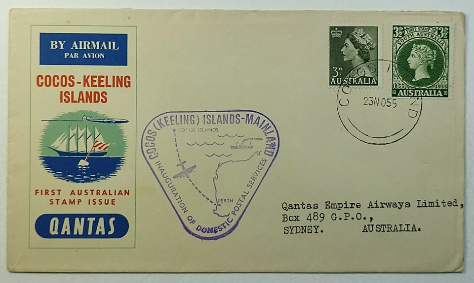 1955 FDC Australia First Airmail Flight Cocos (Keeling) Islands Qantas Airlines - Image 1 of 2