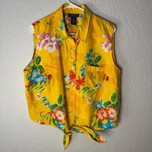 Lauren Ralph Lauren gelb Blumen vorne zum Binden Leinen ärmelloses Top Gr. 2X tropisch - Bild 1 von 6