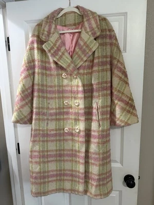 Beautiful 60’s Pink, Green And Cream Wool Plaid Women’s Coat - Image 1 of 4