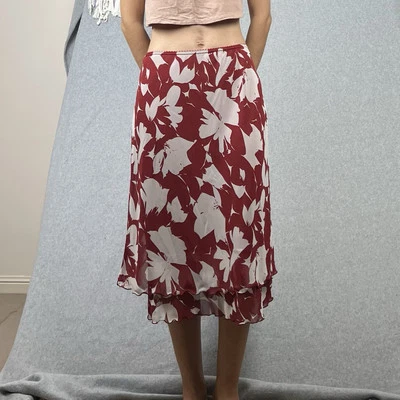 Y2K Skirt Womens 12 M Burgundy Red Low Elastic Waist Tropical Beach Boho Sussan - Image 1 of 4