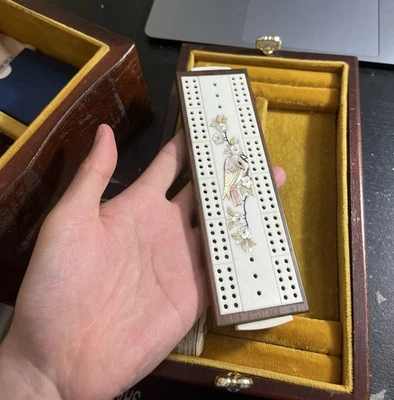 19C Japanese/English Rare Antique Cribbage Game Board Set with Bird Design - Image 1 of 3