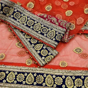 Vintage Heavy Bridal Orange Dupatta Net Mesh Long Stole Hand Embroidered Scarves - Picture 1 of 21