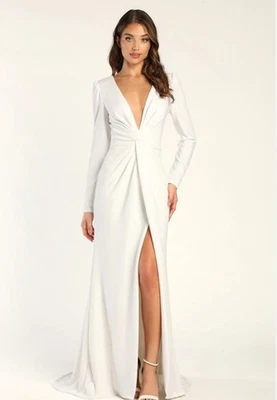 Lulus Wedding Dress Plunge Long Sleeve Mermaid White Bridal Medium FLAW - Image 1 of 4