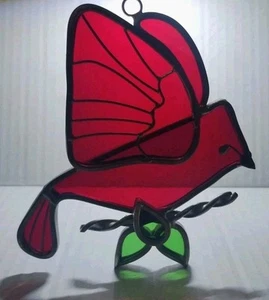 Vintage roter Kardinal Buntglas Zweig und Blätter Glas Sonnenfänger - WUNDERSCHÖN! - Bild 1 von 9