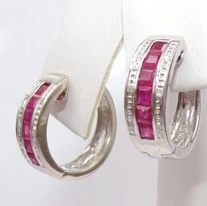 14K White Gold Natural Ruby Gemstone and Diamond Hinged Hoop Huggie Earrings - Picture 1 of 3