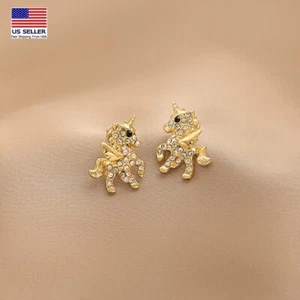 Gorgeous Women 925 Silver Earrings Crystal Bling Gold Cute Unicorn Pony 1577 - Picture 1 of 5