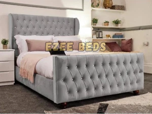 Florida Diamond Plush Velvet Bed Frame With Winged Headborad 3ft 4ft 4ft6 5ft Uk - Picture 1 of 4