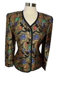 Vintage 80s Talbots Kathryn Conover Metallic Gold Floral Brocade Jacket  Size 6 - Picture 1 of 12