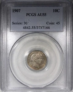1907 Barber Dime PCGS AU55 Type Coin Lightly Toned 10C - Picture 1 of 2