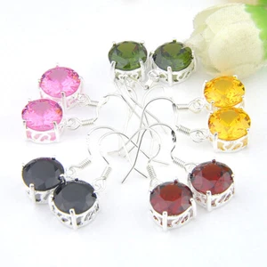 Big Offer 5PRS Round Pink Topaz Garnet Onyx Citrine Peridot Silver Drop Earrings - Picture 1 of 8