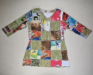 Parsley & Sage Patchwork Top Womens Large Shirt Blouse Tunic 3/4 Sleeve Stretch