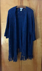 Catherines-Southwestern Blue Crochet Cardigan-Open Front-Fringe Hem-Sz 2X-Boho - Picture 1 of 5