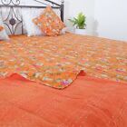 Orange Handmade Floral Cotton boho Kantha Quilt, hand stitched, kantha bedspread