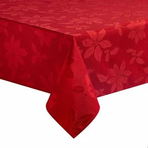 Solid Red Christmas Poinsettia Holly Fabric Tablecloth Xmas Winter Holiday Woven - Picture 1 of 3