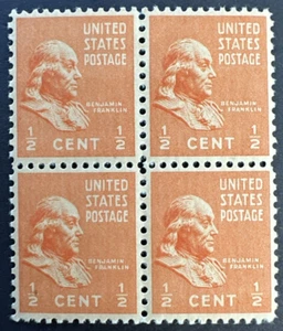 US 1938 Scott 803 Block of 4 MNH OG 1/2 cent Benjamin Franklin - Picture 1 of 2