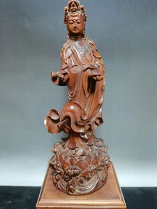China Antigua Decoración Madera Kwan Yin Estatua Tallada Madera Boj Figuras Escultura Arte - Imagen 1 de 7