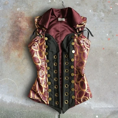 Damsel In This Dress Overbust Corset Burgundy Gold Brocade Steampunk Renaissance - Image 1 of 4