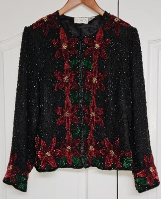 Scala блестки бисером пуансеттия цветочный праздник праздничная куртка Топ женщин XL шелк - Изображение 1 из 4