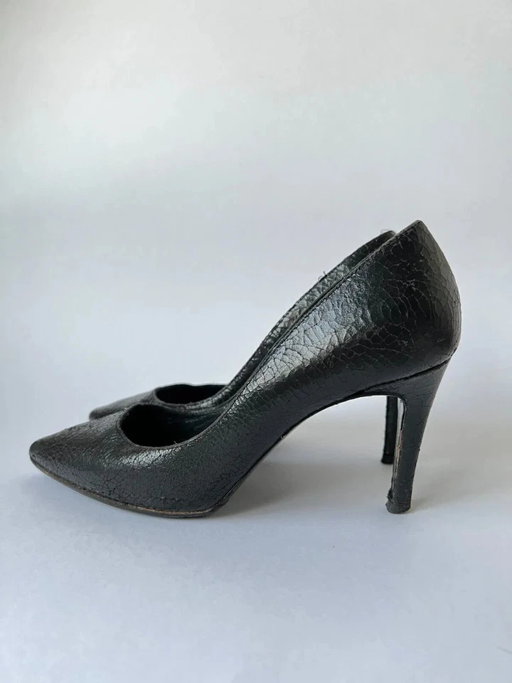 All Saints 5 38 Lena Shoes Black Crackle Leather Cracked Distressed Stilettos - Image 1 of 4