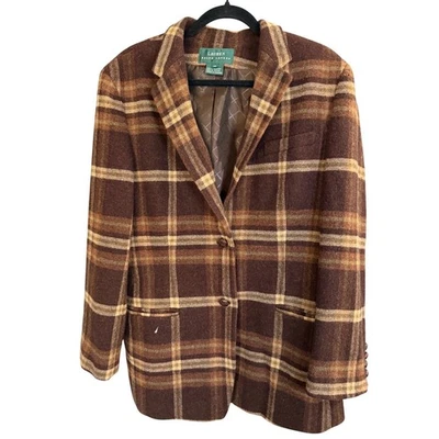 VTG Ralph Lauren Plaid Blazer Lambswool Women 14 Oversized Brown Academia Preppy - Image 1 of 4