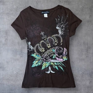Y2K braun Grafik Krone T-Shirt Strass Tattoo Print Top Medium angemessenes Verhalten - Bild 1 von 6