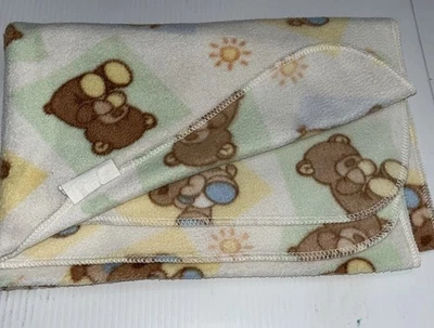 Vtg Baby Yellow Giraffe Micro Fleece Blanket Green Palm Trees Blue Squares 30x40 - Image 1 of 4