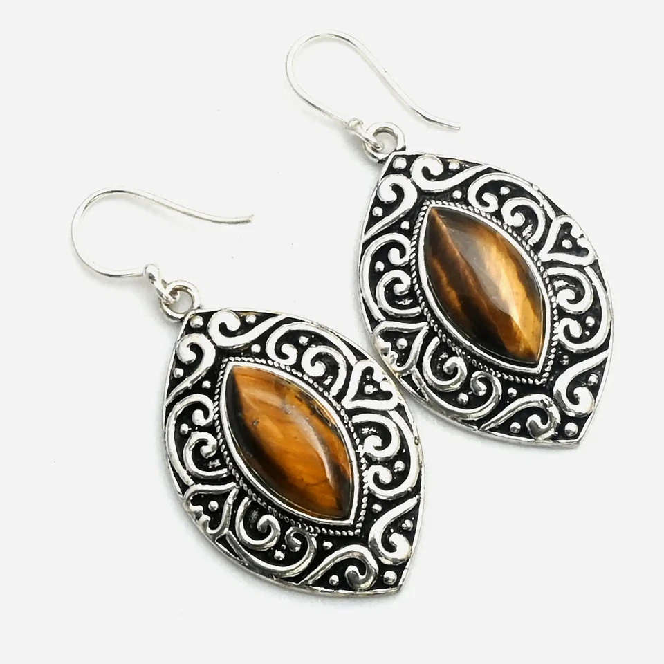 Pendientes colgantes hechos a mano con piedras preciosas ojo de tigre joyería para ella 1,8" AE-11248 Foto 1 de 1