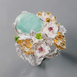 Natural gemstone ring Emerald Ring Silver 925 Sterling  Size 7 /R214699
