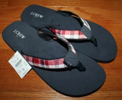 NWT J.Crew J Crew Men's Flip Flops Thong-Style Madras Plaid Navy Blue Size 12 13