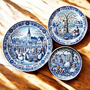 Miniature Royal Copenhagen Blue Delft Easter Plates 1:12 Dollhouse Decor Set 3 - Picture 1 of 8