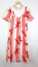  Barkcloth Floral Maxi Dress Vintage 70s 38" Chest S/M Red HAWAIIAN TROPICANA 
