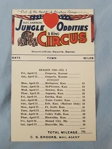 Vintage 1940 Bud Anderson's Jungle Oddities 3 Ring Circus Route Card - Picture 1 of 2