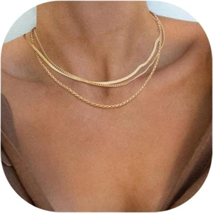 Herringbone Necklace for Women,Dainty Gold Necklace,14K Gold Plated Snake,Gold C - Picture 1 of 12