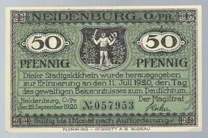Notgeld - Stadt Neidenburg / OPr.(heute Nidzica in Polen) - 50 Pf. - 1920 - RAR - Picture 1 of 2