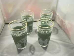 Vintage Green And Gold Highball Glasses Vintage 4 Glasses 5" tall EGYPTIAN ? - Picture 1 of 6