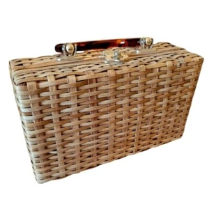 Vintage Rectangle Basket Purse With Lucite Handle Woven - Picture 1 of 8