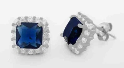 LAB CREATED BLUE 2.36 Cts & WHITE SAPPHIRES STUD EARRING .925 SILVER  - NWT - Image 1 of 4