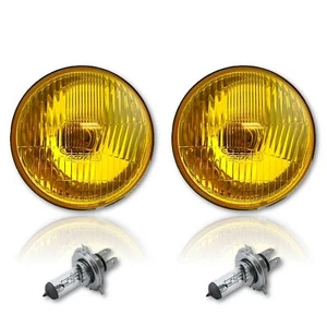 5-3/4" Halogen Stock Amber Yellow Glass Headlight Fog Light H4 60W Bulbs Pair - Picture 1 of 11