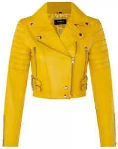 Ladies Cropped Jacket Short Body Gothic Yellow Chic Biker REAL LEATHER Jacket - Picture 1 of 5