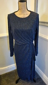Women's Roman Black/Blue Sparkle Wrap Long Sleeve Midi Party Dress Size 14 - Picture 1 of 6
