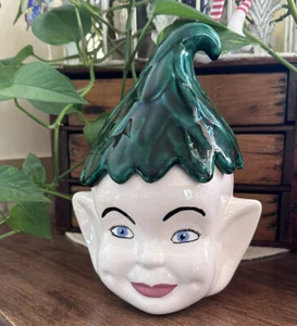 MCM Vintage PIXIE ELF BLUE EYES ROSY LIPS & DIMPLES COOKIE JAR CANISTER SPRITE - Picture 1 of 12