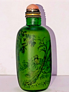 Chinese Green Revers Glass Hand Painted Snuff Bottle Signed Pink Coral Color Lid