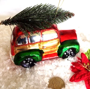 Christmas Ornament CAR W/ BRISTLE BRUSH TREE GLASS Glitter Detail 4.75" - Picture 1 of 5