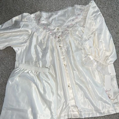 NUEVO Conjunto de Pijama Barbizon Cuddleskin Vintage Marfil Satinado Bordado Top Mujer Lg Foto 1 de 4