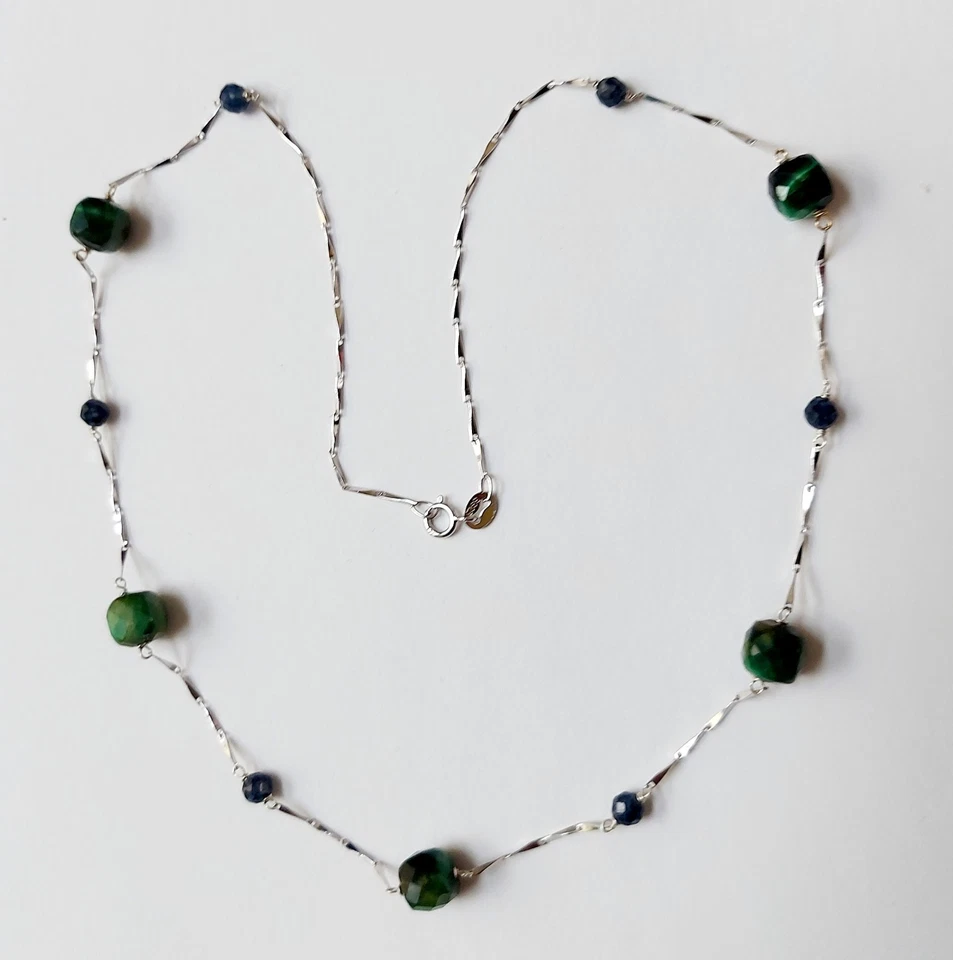 collana in argento 925 pietre con zaffiro e occhio di tigre idea regalo natale  - Immagine 1 di 4